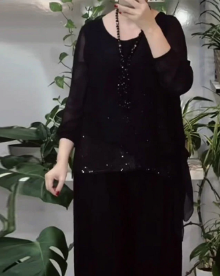 ORANIA - Sequin Blouse and Wide-Leg Pants Set