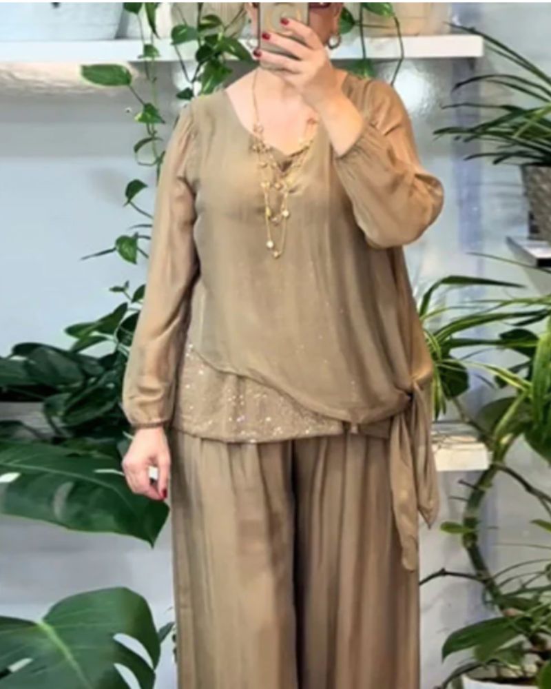 ORANIA - Sequin Blouse and Wide-Leg Pants Set