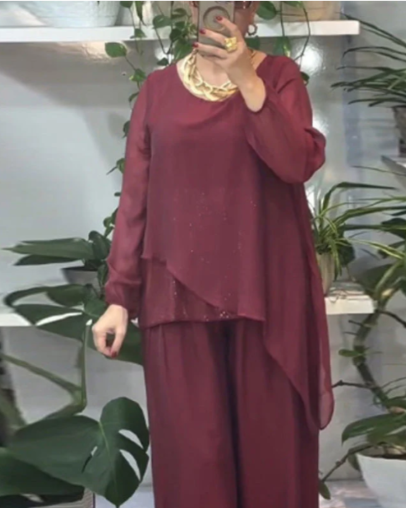 ORANIA - Sequin Blouse and Wide-Leg Pants Set