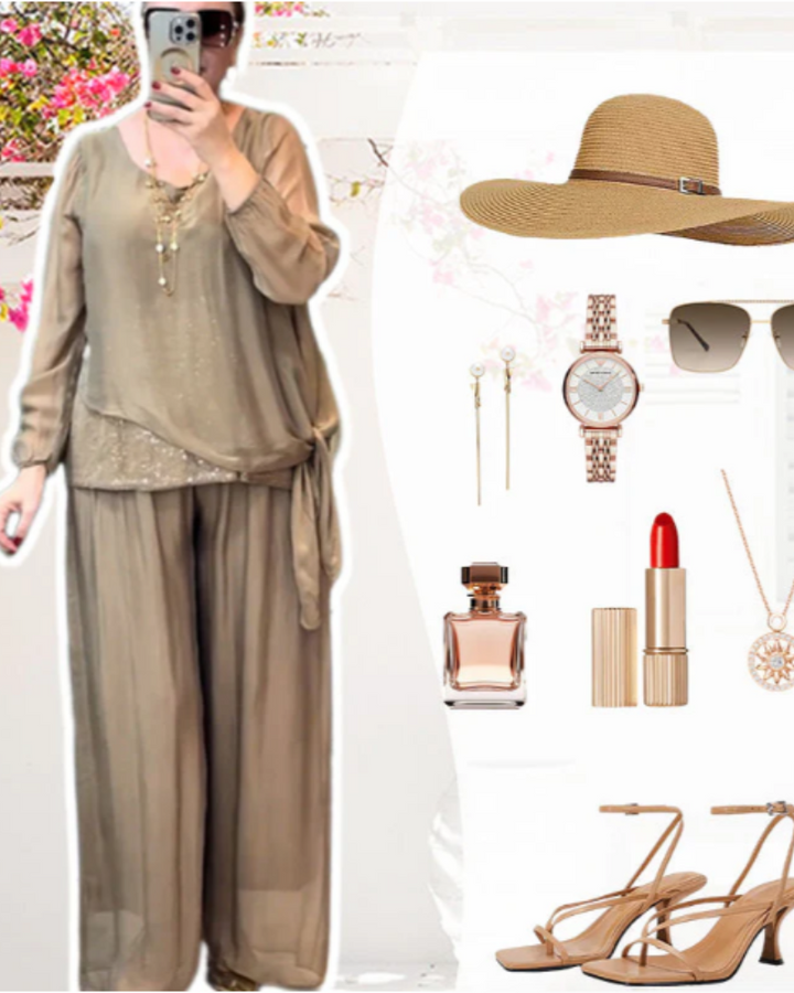 ORANIA - Sequin Blouse and Wide-Leg Pants Set