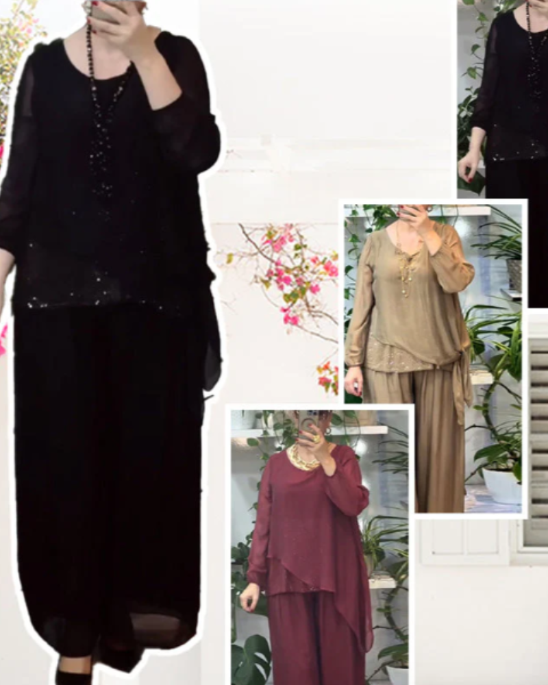 ORANIA - Sequin Blouse and Wide-Leg Pants Set