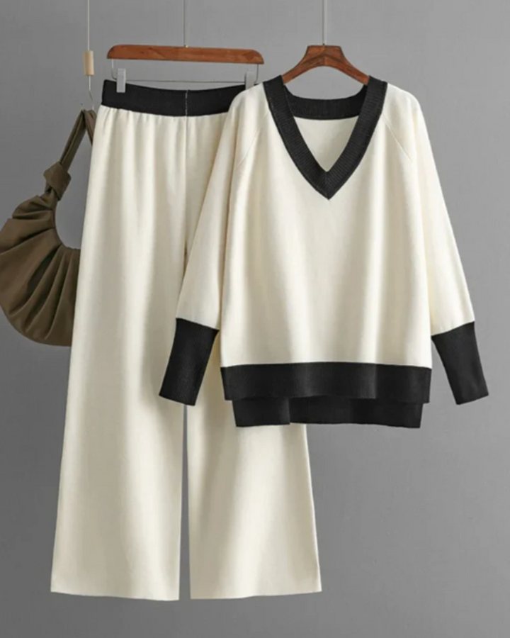 ALIVERA - Elegant set consisting of long-sleeved knit top and V-neck trousers