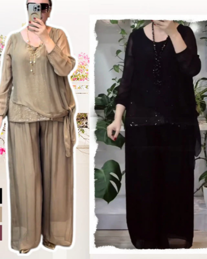 ORANIA - Sequin Blouse and Wide-Leg Pants Set