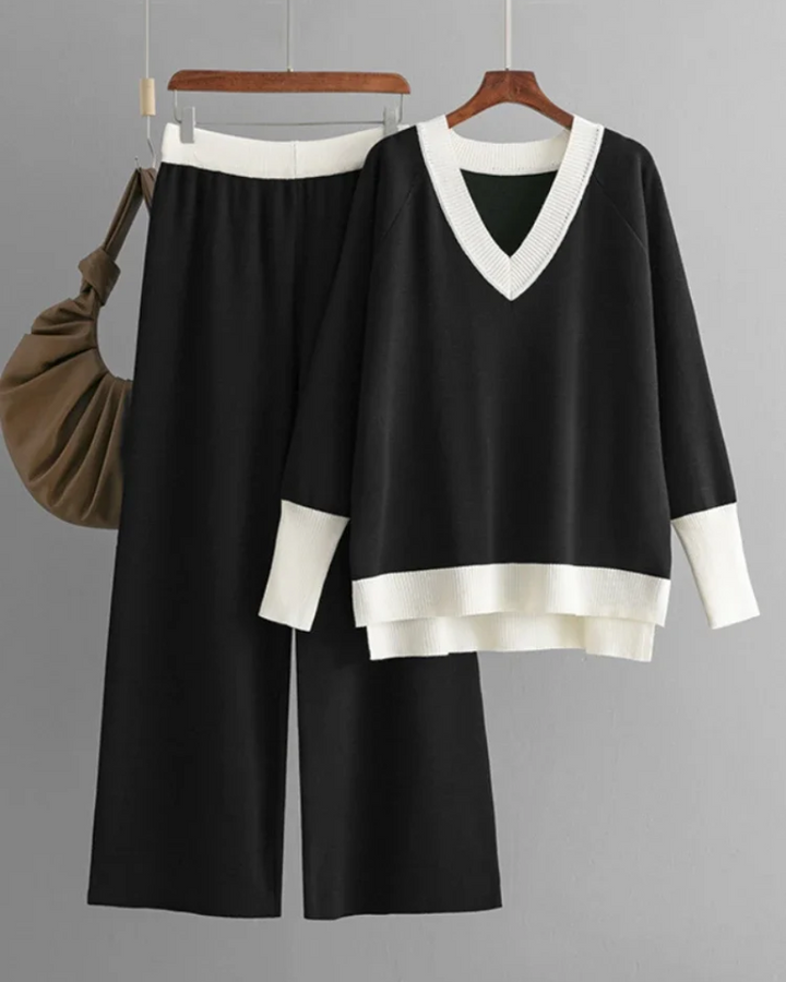 ALIVERA - Elegant set consisting of long-sleeved knit top and V-neck trousers