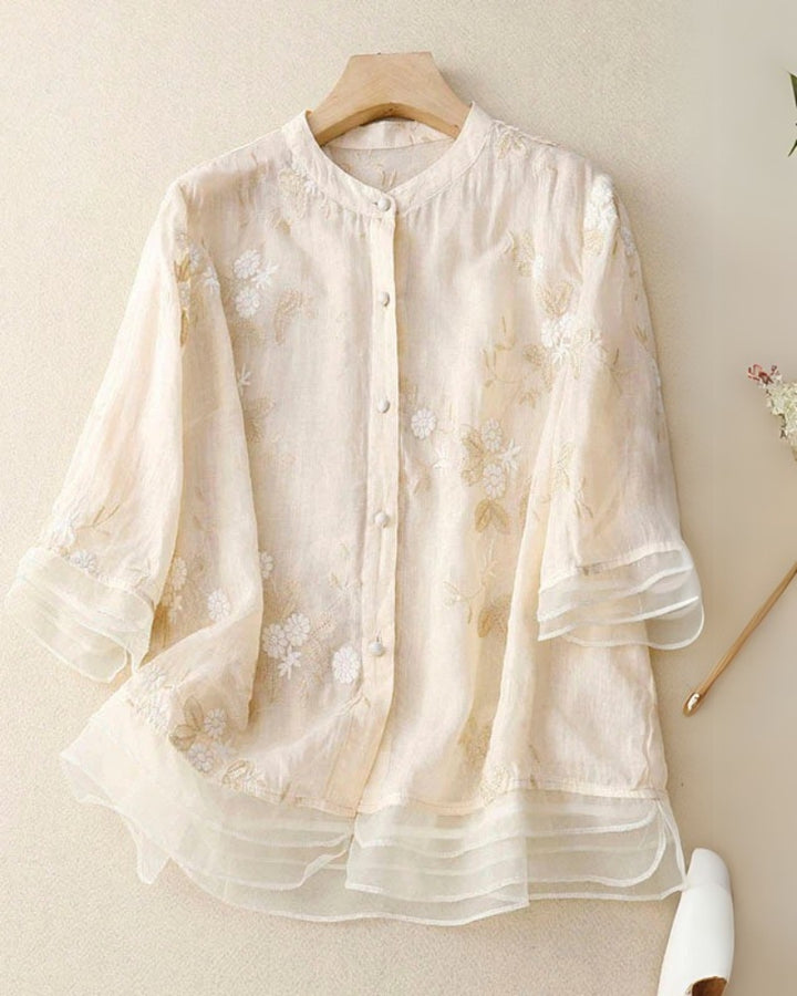 ELUANA - EBROIDERED COTTON LINEN BLOUSE