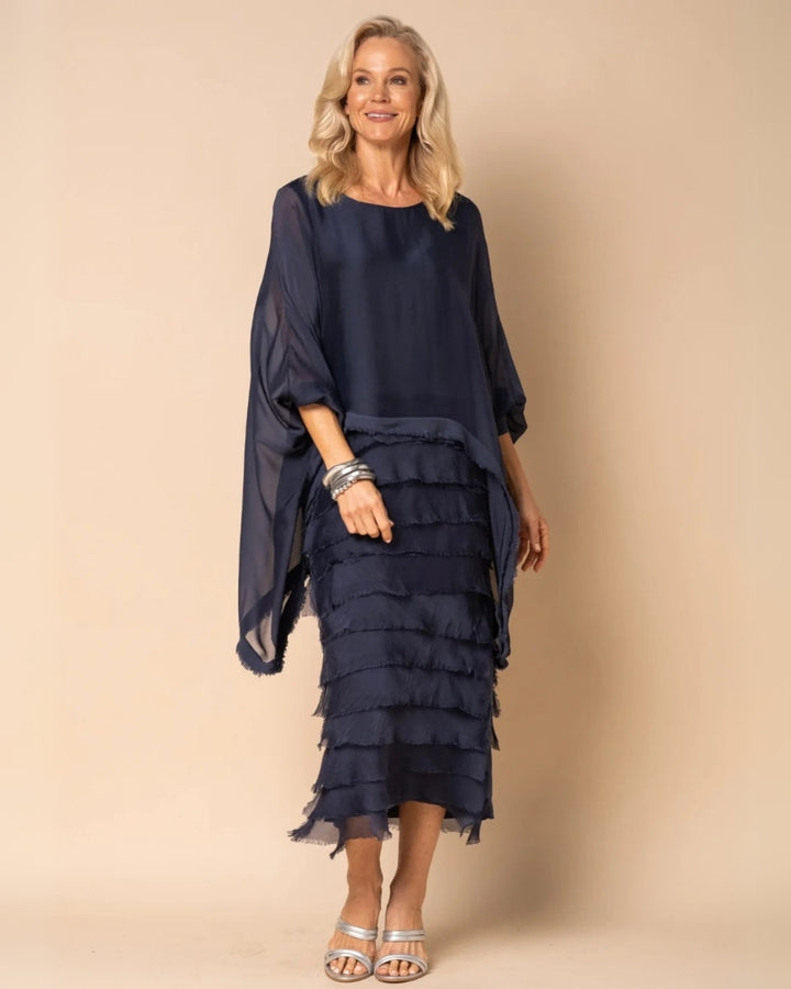 OREANA - Frayed Trim Tiered Midi Dress