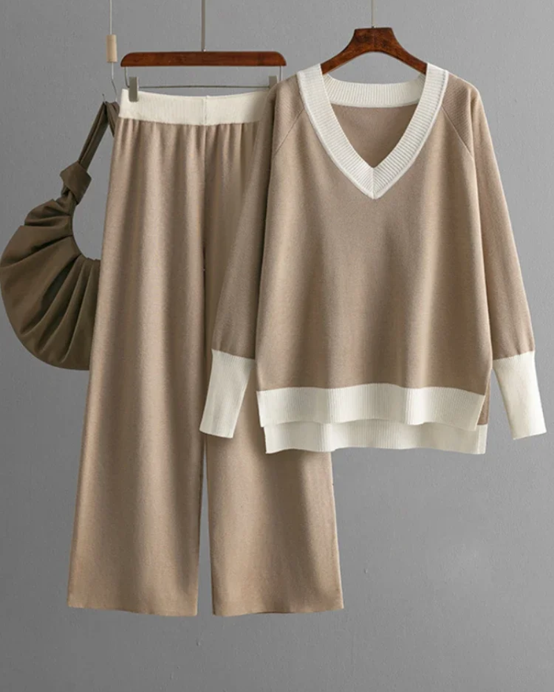 ALIVERA - Elegant set consisting of long-sleeved knit top and V-neck trousers