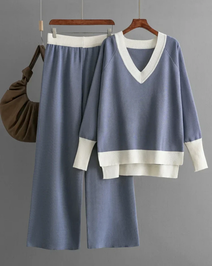 ALIVERA - Elegant set consisting of long-sleeved knit top and V-neck trousers