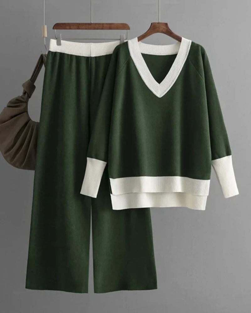 ALIVERA - Elegant set consisting of long-sleeved knit top and V-neck trousers