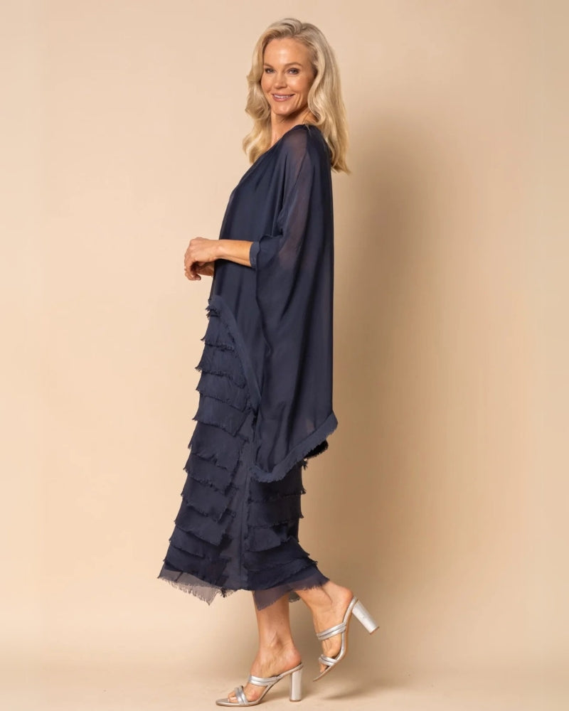 OREANA - Frayed Trim Tiered Midi Dress