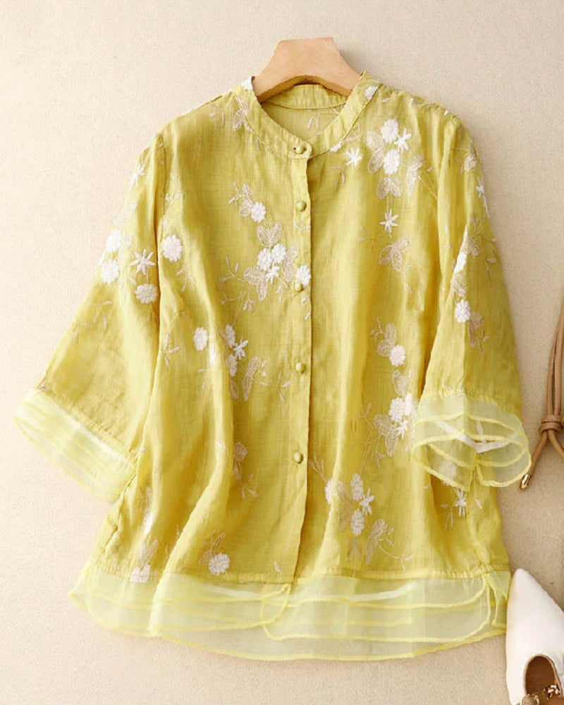 ELUANA - EBROIDERED COTTON LINEN BLOUSE