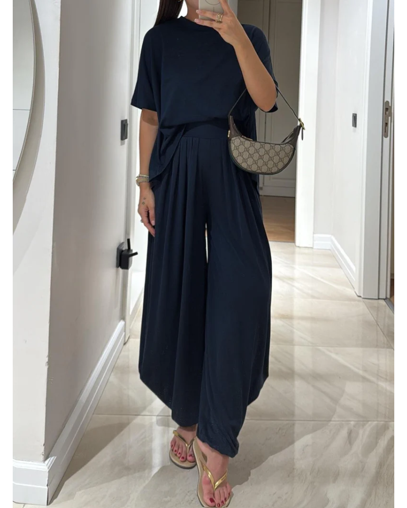 SILARI - Light Grey Casual Top and Wide-leg Pants Set