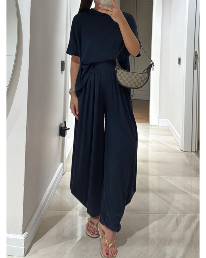 SILARI - Light Grey Casual Top and Wide-leg Pants Set