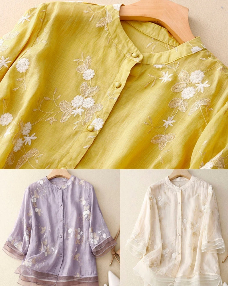 ELUANA - EBROIDERED COTTON LINEN BLOUSE