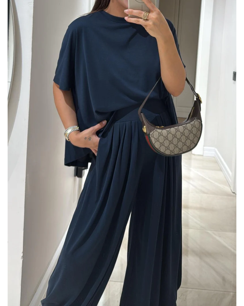 SILARI - Light Grey Casual Top and Wide-leg Pants Set