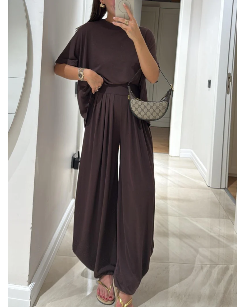 SILARI - Light Grey Casual Top and Wide-leg Pants Set