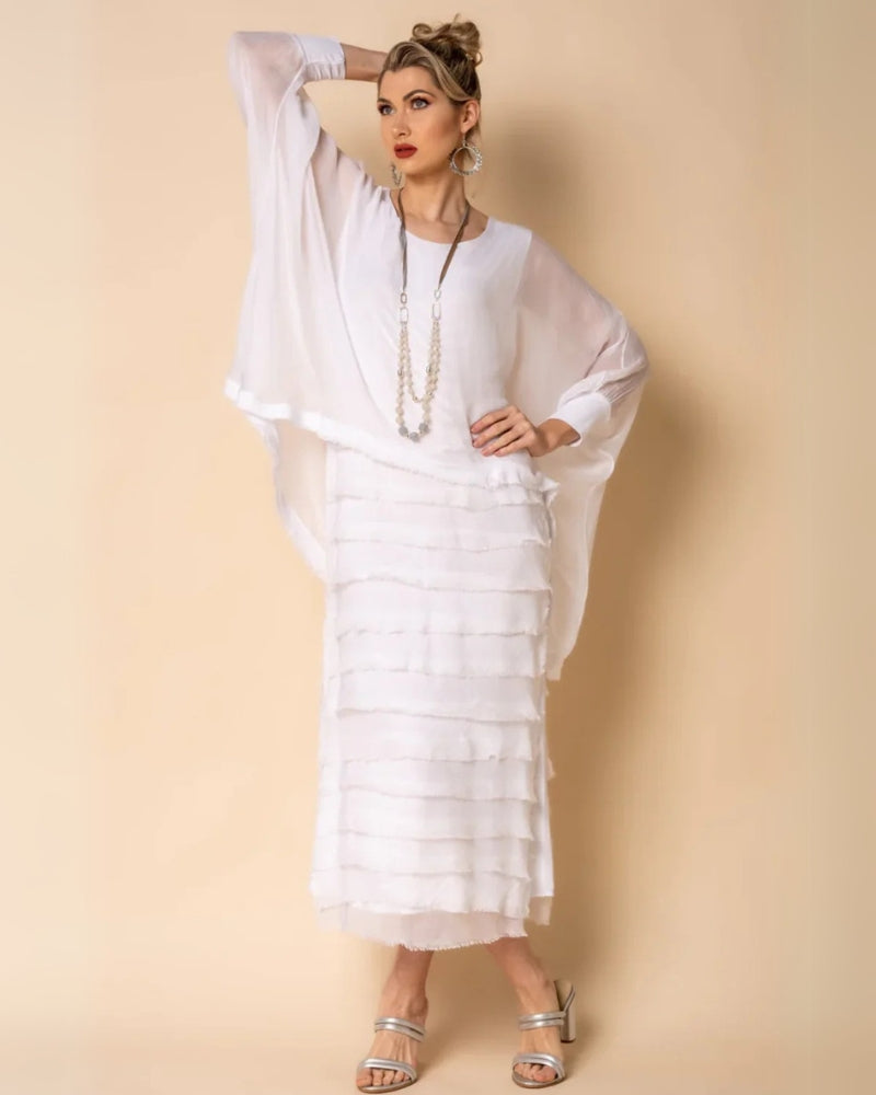 OREANA - Frayed Trim Tiered Midi Dress