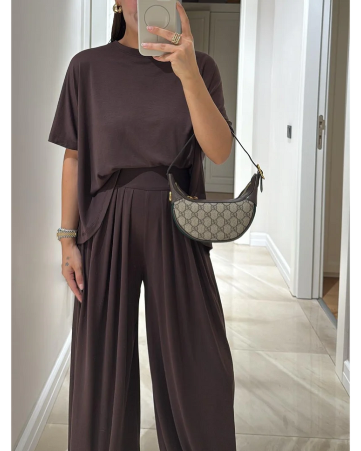 SILARI - Light Grey Casual Top and Wide-leg Pants Set