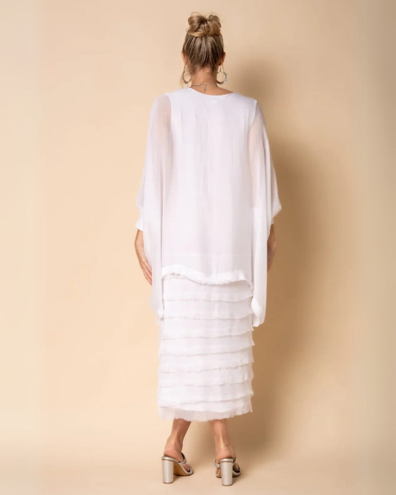 OREANA - Frayed Trim Tiered Midi Dress