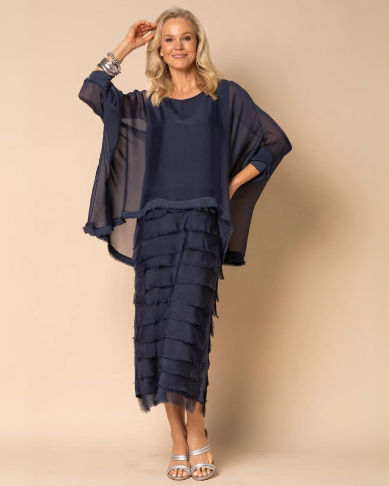 OREANA - Frayed Trim Tiered Midi Dress