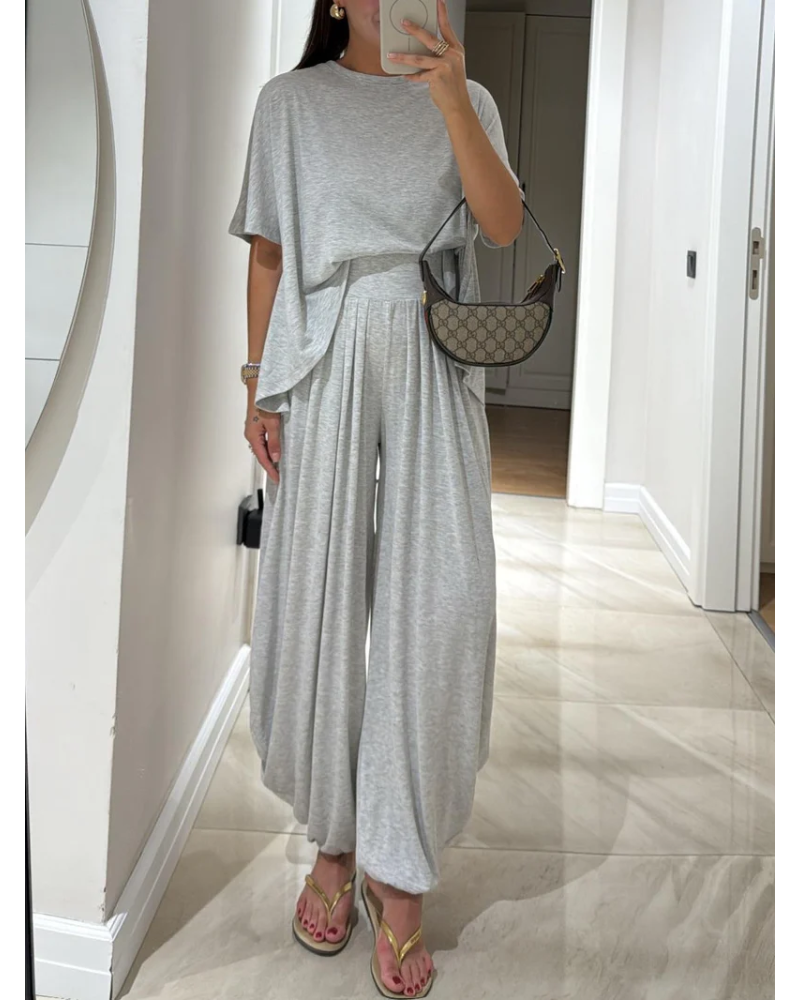 SILARI - Light Grey Casual Top and Wide-leg Pants Set