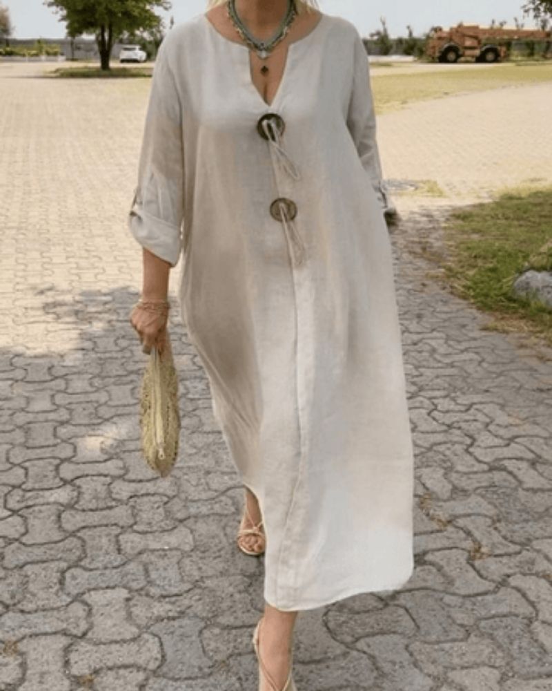CELENE - V-NECK COTTON LINEN DRESS