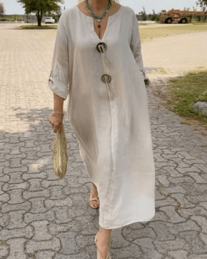 CELENE - V-NECK COTTON LINEN DRESS