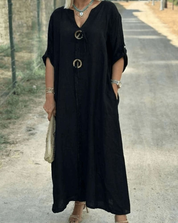 CELENE - V-NECK COTTON LINEN DRESS