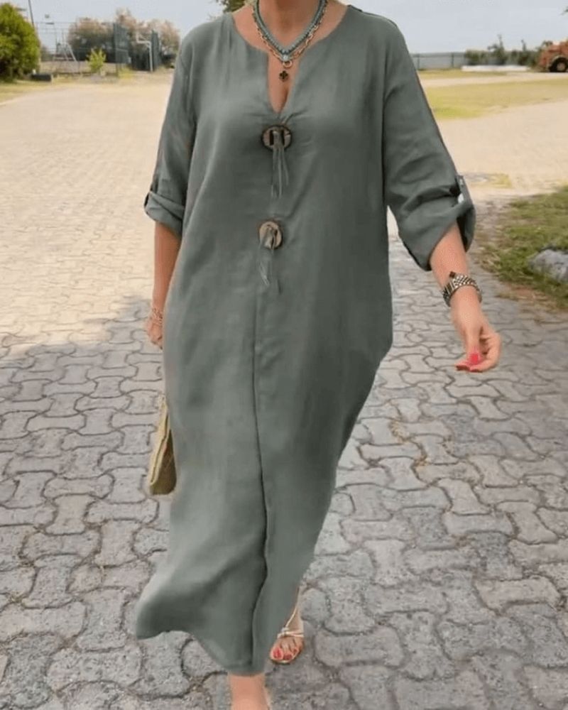 CELENE - V-NECK COTTON LINEN DRESS
