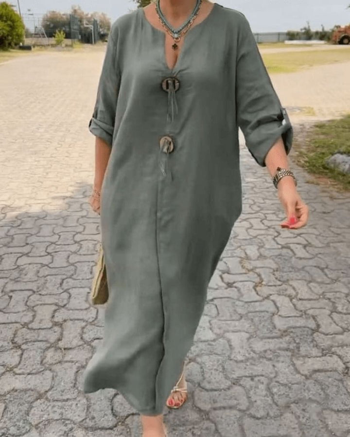 CELENE - V-NECK COTTON LINEN DRESS