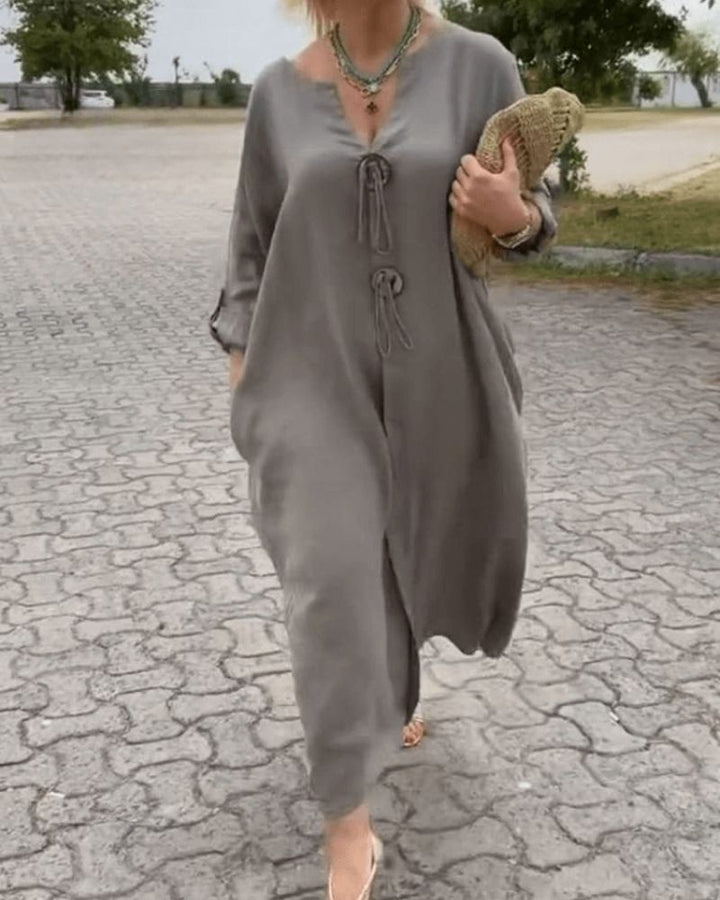 CELENE - V-NECK COTTON LINEN DRESS