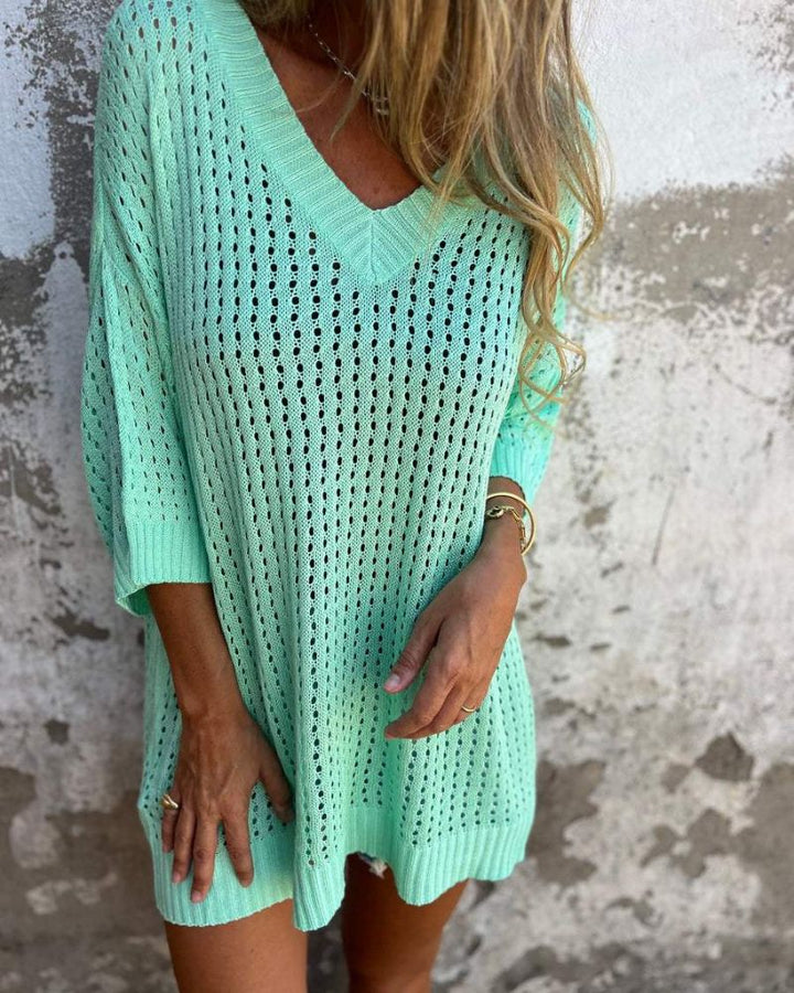 DAONA - V-neck Hollow Knitted Top