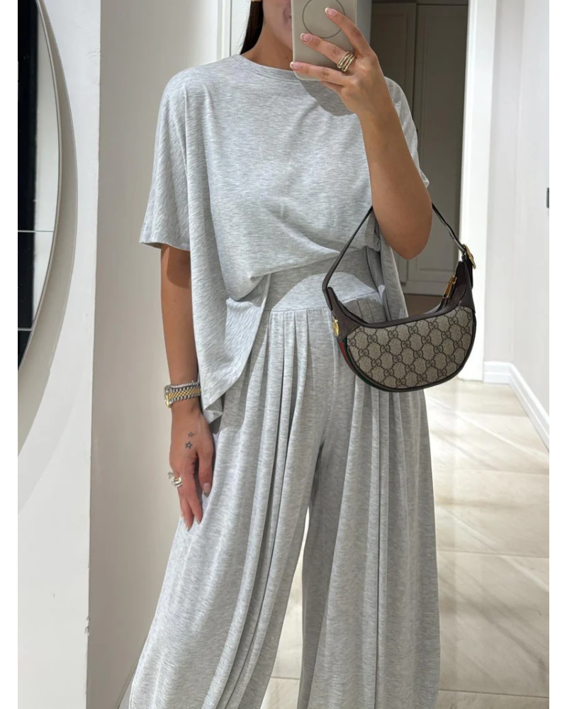 SILARI - Light Grey Casual Top and Wide-leg Pants Set