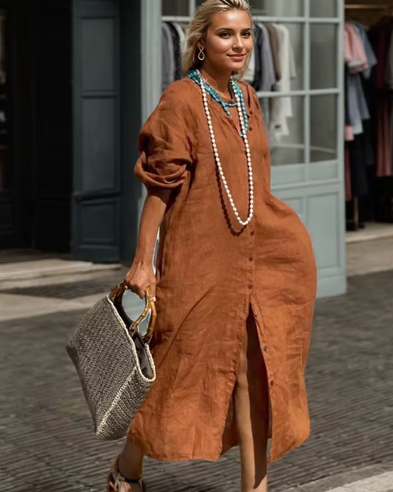 NINA - LONG LINEN DRESS WITH BUTTONS