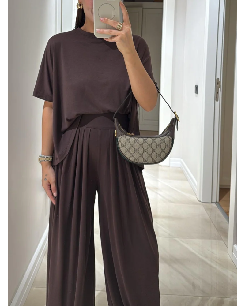 SILARI - Light Grey Casual Top and Wide-leg Pants Set