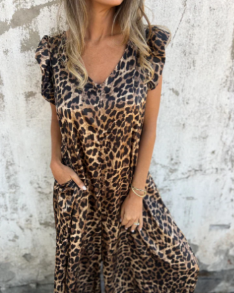 BOILIFE - LEOPARD PRINT V-NECK JUMPSUIT